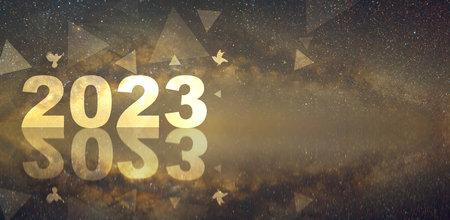 Happy New Year 2023 with Firework and Milky way background. Copy space and Panoramic horizontal...