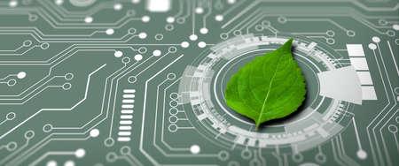 Green leaf on the converging point of computer circuit board. Nature with Digital Convergence and Technological Convergence. Green Computing, Green Technology, Green IT, csr, and IT ethics Concept.の写真素材