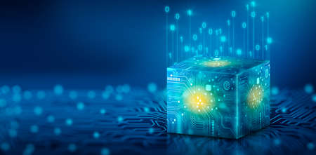 Cube technology on Converging point of circuit with Abstract blue background. Blockchain Network...