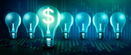 Illuminated light bulb in a row. One different Glowing with dollar sign inside on stock market graph background. Money making idea and Growth of dollar exchange rate Concept. 3D Renderの写真素材
