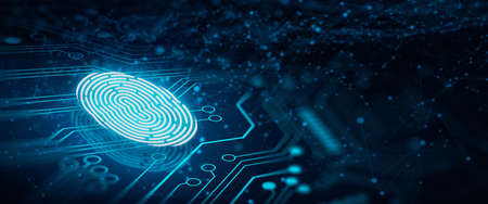 Future security technology. Fingerprint scan provides security access with binary code on deep blue colour background. Fingerprint Security Concept. 3D Render.の写真素材
