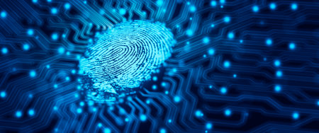 Future security technology. Fingerprint scan provides security access in DOF. Fingerprint Security Concept. 3D Render.の写真素材
