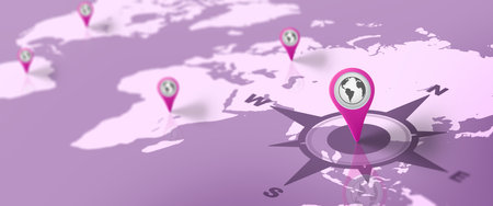 GPS Navigation World Map with Red Pin icon. Map and pin marker location. Logistic, geography, transport, travel and navigation GPS Concept. 3D Render.の写真素材