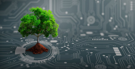 Growing tree with soil on the converging point of computer circuit board. Nature with Digital Convergence and Technological Convergence. Green Computing, Green Technology, Green IT, csr, and IT ethics Concept.の写真素材