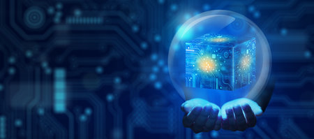Businessman hands holding Cube technology with Abstract blue background. Blockchain Network System....
