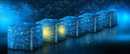 Cube technology on Converging point of circuit with Abstract blue background. Blockchain Network...