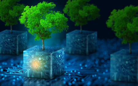 Tree growing on Circuit digital cube. Digital and Technology Convergence. Blue light and Wireframe network background. Green Computing, Green Technology, Green IT, csr, and IT ethics Concept.の写真素材
