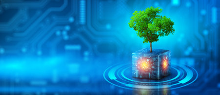 Tree growing on Circuit Digital Cube. Digital and Technology Convergence. Blue light and Wireframe network background. Green Computing, Green Technology, Green IT, csr, and IT ethics Concept.の写真素材