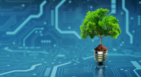 Tree with soil growing on Light bulb. Digital Convergence and and Technology Convergence. Blue light and network background. Green Computing, Green Technology, Green IT, csr, and IT ethics Concept.の写真素材