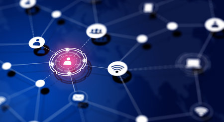 DOF image of Wireless Communication Network with World map background. Global Social networking connection concept.の写真素材