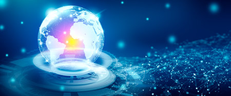 Global Social network on Futuristic abstract background. Media convergence, World community network, Business Technology Communication, and Global digital connected Concept. 3D Render.の写真素材
