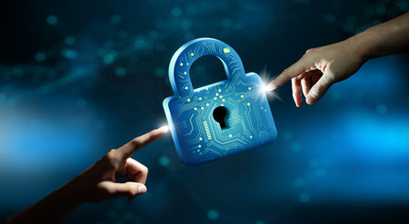 Businessman hands pointing Keyhole in data security. Cyber data and information privacy. Future technology security, Network protection, and Modern safety digital Concept.の写真素材