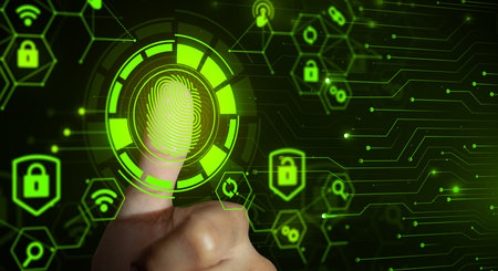 Fingerprint scan provides security access with biometrics identity and approval. Future of security and password control through fingerprint. Technology Security and Safety Internet concept.の写真素材