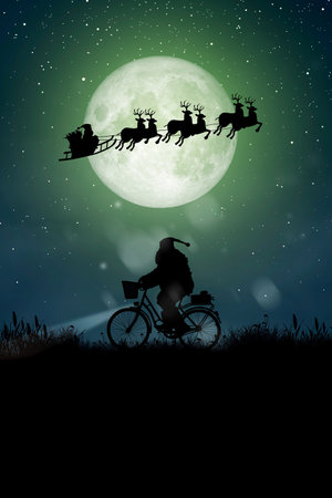 Silhouette of Santa Claus get a move to ride on their reindeer and Santa Claus riding on his bicycle to carry a gift over full moon at night Christmas.の写真素材