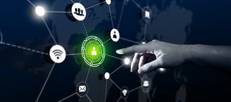 Businessman finger touch Network Structure on Hologram Screen with World map background. Network Structure and Multimedia Concept.の写真素材