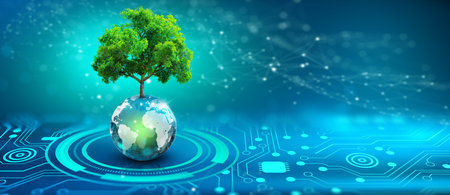 Tree growing on crystal globe. Digital Convergence and Technology Convergence. Blue light, binary...