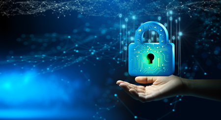 Businessman hand holding Padlock with Keyhole. Cyber data and information privacy. Future technology security, Network protection, and Modern safety digital Concept.の写真素材