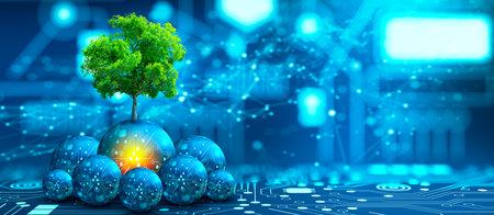 Tree growing on Circuit digital ball. Digital Convergence and Technology Convergence. Blue light and Wireframe network background. Green Computing, Green Technology, Green IT, csr, and IT ethics Concept.の写真素材