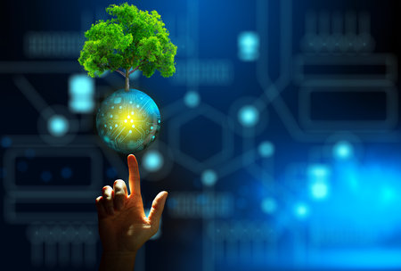Hand pointing growing tree on digital ball with technological convergence blue background. Innovative technology, Nature technology interaction, Environmental friendly, IT Ethics, and Ecosystem concept.の写真素材