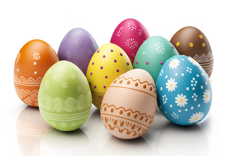 Colorful easter eggs isolated on white background. Easter day Concept. 3D illustration.の写真素材