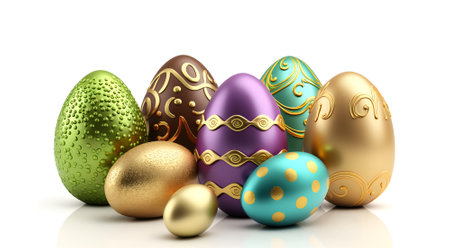 Colorful easter eggs isolated on white background. Easter day Concept. 3D illustration.の写真素材