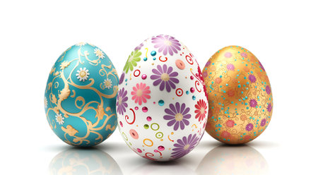 Colorful easter eggs isolated on white background. Easter day Concept. 3D illustration.の写真素材