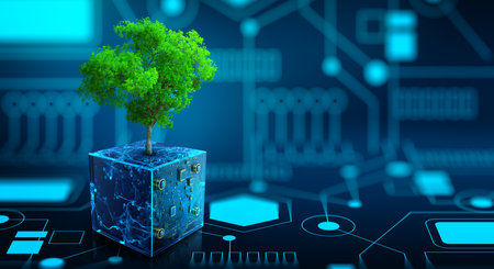 Tree growing on Circuit Digital Cube. Digital and Technology Convergence. Blue light and Wireframe network background. Green Computing, Green Technology, Green IT, csr, and IT ethics Concept.の写真素材