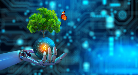 Robot hand holding Tree on digital ball with technological convergence blue background. Green computing, csr, IT ethics, Nature technology interaction, and Environmental friendly.の写真素材