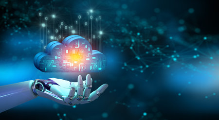 Robot hand holding Cloud computing technology internet storage network. Cloud service, Cloud technology, and Cloud storage Concept.の写真素材