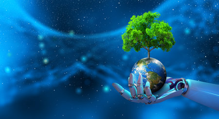 Robot hand holding Tree on Earth with technological convergence blue background.Green computing, csr, IT ethics, Nature technology interaction, and Environmental friendly. Elements furnished by NASA.の写真素材