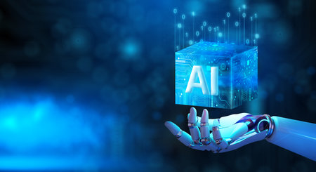 Robot hand holding Ai Processor chip of Cube Technology. Big data storage, Cloud computing, Machine learning, Ai blockchain technology. Artificial intelligence learnability Concept. 3D illustration.の写真素材