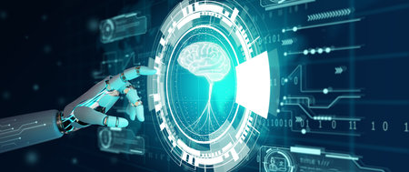 Hand of Robot touching hologram screen with world map background. NLP Natural Language Processing cognitive computing technology and Ai technology concept. 3d illustration.の写真素材