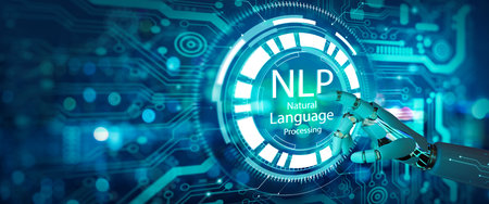Robot hand touching NLP hologram screen and technology background. Natural Language Processing cognitive computing technology and Ai technology concept. 3d illustration.の写真素材