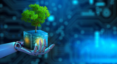 Robot hand holding Tree on digital cube with technological convergence blue background. Green...