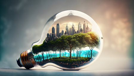City and Forest in the light bulb. Eco friendly save the planet. Green energy, Environment protection, and Mixed media Concept. Generative Ai.の素材