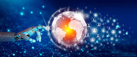 Robot hand Leading the global world business community of network communication connected. Digital and technological convergence with abstract blue background. Ai Artificial Intelligence connection.の写真素材