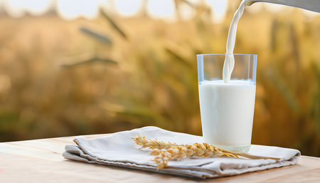 Milk is poured into a glass cup from a bottle on the wooden table. wheat farm background. World Milk Day concept. Generative Ai.の素材