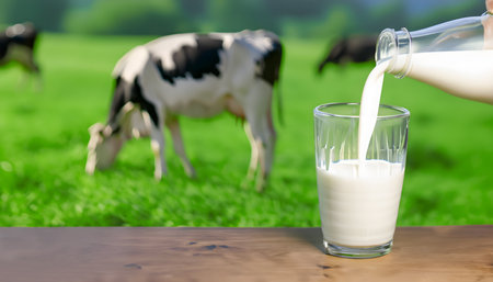 Milk is poured into a glass cup from a bottle on the wooden table. Milk cows and Green grasses background. World Milk Day concept. Generative Ai.の素材