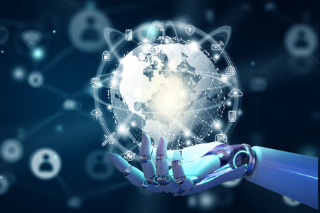 The Future global business connection with Artificial intelligence concept. Robot hand holding the global connection with connecting people orbit around the world. World map and connecting people.の写真素材