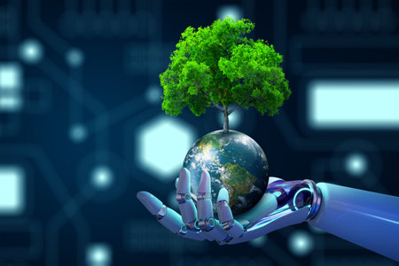 Robot hand holding Tree on Earth with technological convergence blue background.Green computing, csr, IT ethics, Nature technology interaction, and Environmental friendly. Elements furnished by NASA.の写真素材