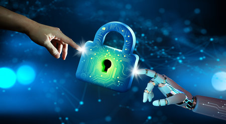 Businessman and Ai Robot hands pointing Keyhole in data security. Cyber data and information privacy. Future technology security, Network protection, and Artificial Intelligence safety digital Concept.の写真素材