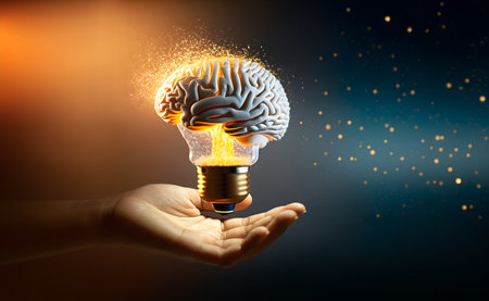 Businessman holding Light bulbs with Brain inside and Low poly wireframe outside. Creative and innovation inspiration. Business Bright idea concept.の写真素材