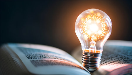 Bright light bulb with glowing brain on book or text book. Learning inspiration and knowledge cognition. Business and Education idea concept. Generative Ai.の素材