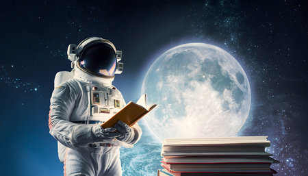 Astronaut reading a book in the space. Spaceman and the planet. Explore the space and Mixed media Concept. Generative Ai.の素材