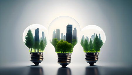 City and Forest in the light bulb. Eco friendly save the planet. Green energy, Environment protection, and Mixed media Concept. Generative Ai.の素材