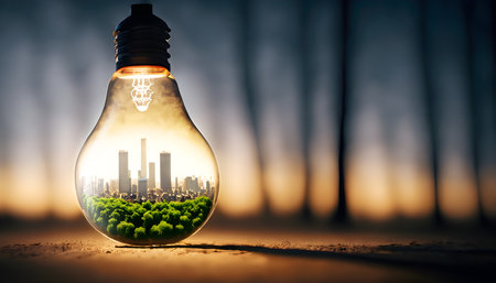 City and Forest in the light bulb. Eco friendly save the planet. Green energy, Environment protection, and Mixed media Concept. Generative Ai.の素材