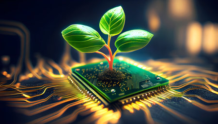 Tree growing on CPU chip with circuit mainboard. Eco technology, Green IT, Nature Technology, and Ecology Concept. Generative Ai.の素材