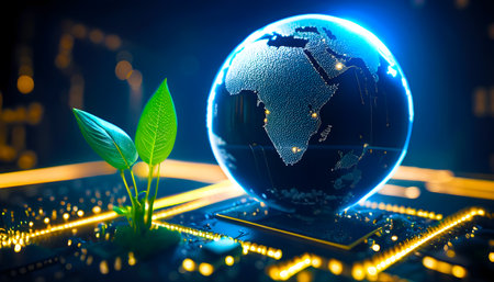 Tree growing on Earth with converging point of computer circuit board. Eco technology, Green IT, Nature Technology, and Ecology Concept. Generative Ai.の素材