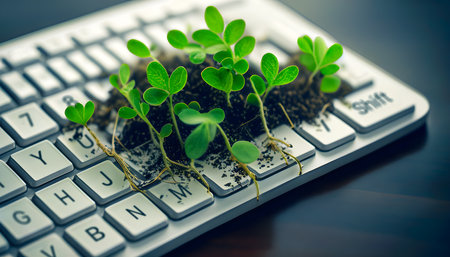 Plant growing on computer keyboard. Eco technology, Green IT, Nature Technology, Ecology Concept, and Digital sustainability. Generative Ai.の素材