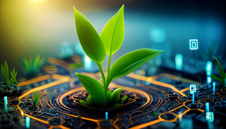 Tree growing on Digital Technology. Eco technology, Green IT, Nature Technology, and Ecology Concept. Generative Ai.の素材